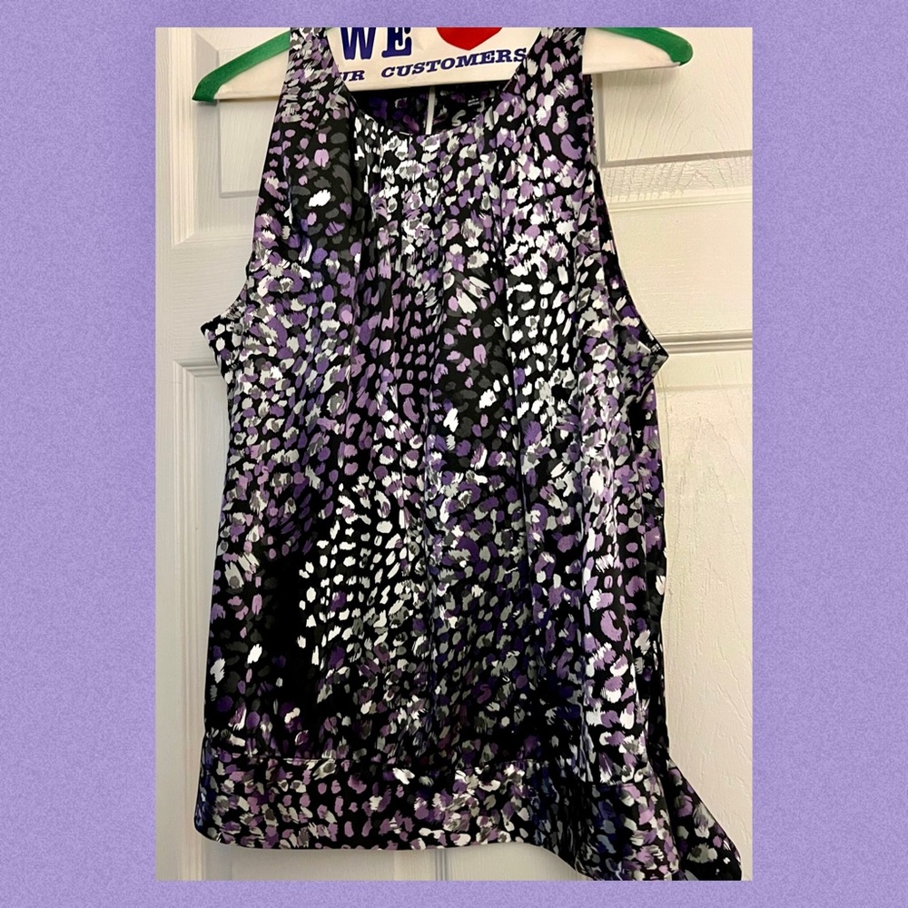 Beautiful Silk Top with Purple, White & Black Flowers - small tie at waist. - Picture 1 of 2